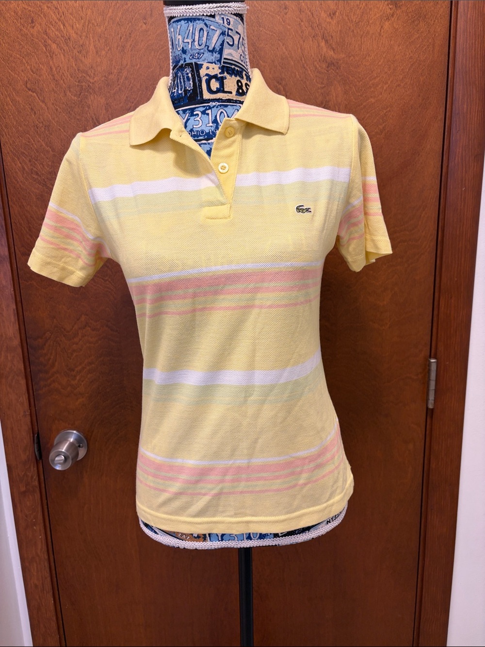 Lacoste Pastel Yellow Striped Polo Tee size medium